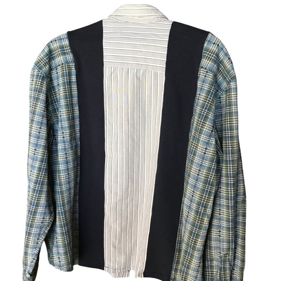 Mixed Prints Button-Down Shirt, Size L to XL: Upcycled Unisex Patchwork Boho Top - Picture 3 of 15